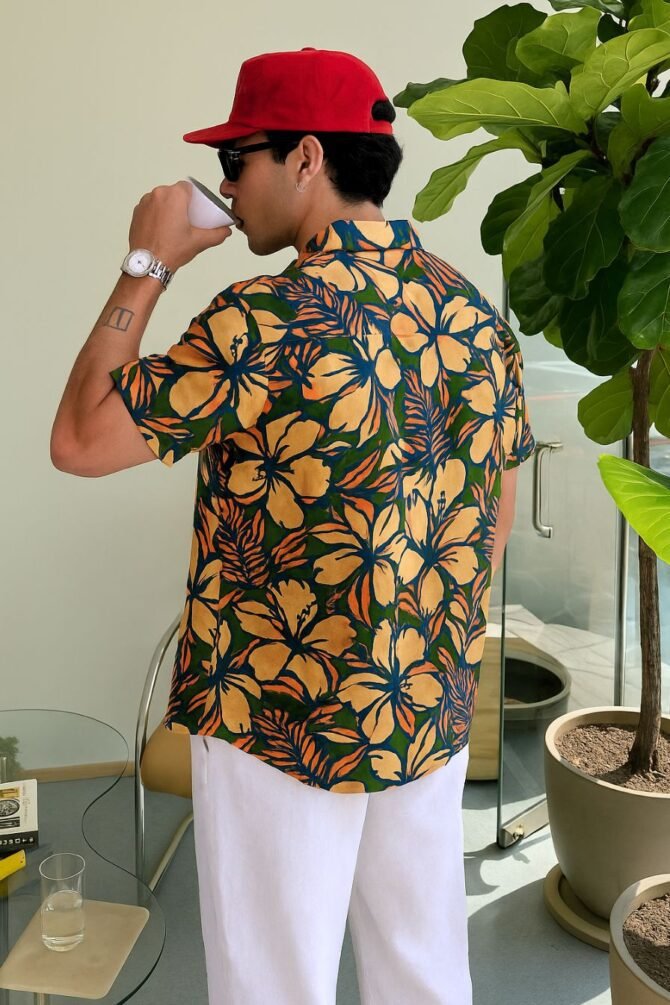 Bold Floral Print Peach Men's Shirt